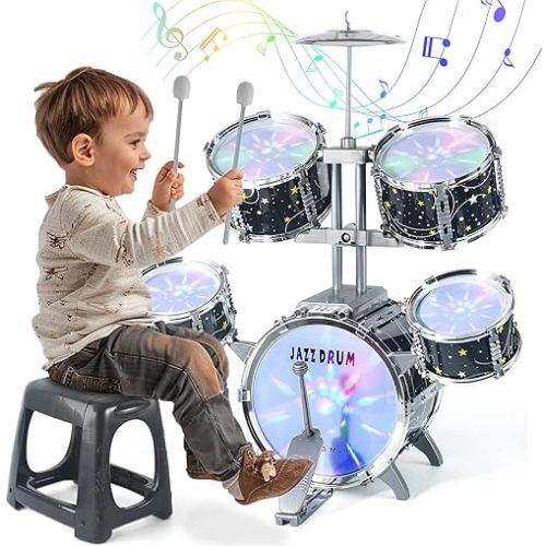 Kids Drum Set for Toddlers 1-3, Upgraded Jazz Drum Set for Kids, Musical Instrument Toys & Lights & All Plastic, Percussion Beginner kit for Boys Girls Toddlers Aged 3-5 5-7