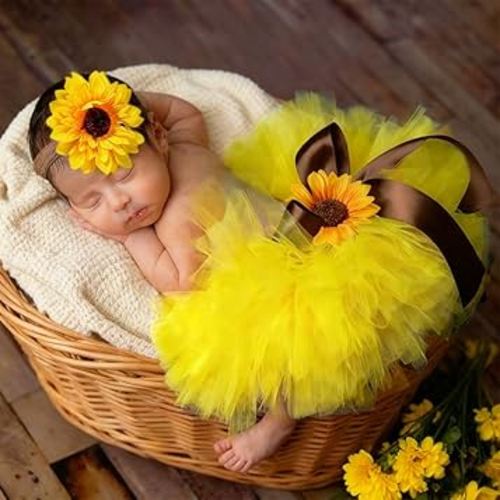 Newborn Tutu Photography Outfits Newborn Photography Outfits Girl Baby Props Infant Tutu Skirt Girl Photo Shoot Set (Sunflower)