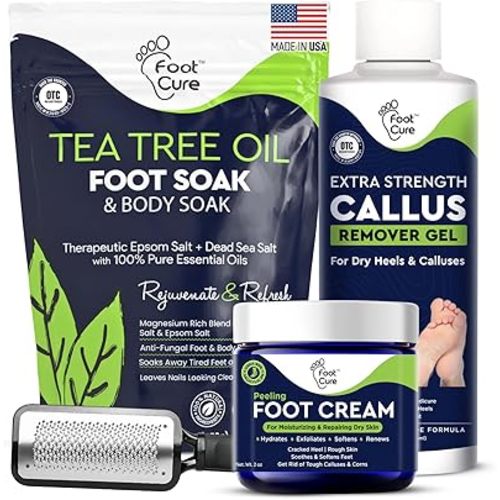 FOOT CURE Exfoliator & Callus Remover Pedicure Set – Care Kit Includes File for Dead Skin, Tea Tree Oil Soak Salts, Urea Cream 40 Percent Removal Gel Made in USA, Ivory, 4 Piece