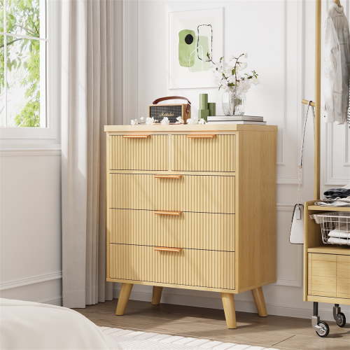 Yeahumalia Boho Fluted 5-Drawer Wooden Dresser for Bedroom, Living Room, Nature Wood Color