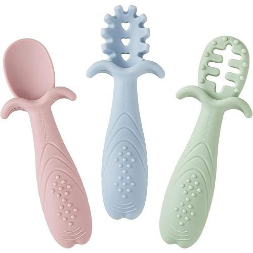 KINGSTONE Baby Spoons Self Feeding 6+ Months, Anti-Choke, Silicone, 3-Pack