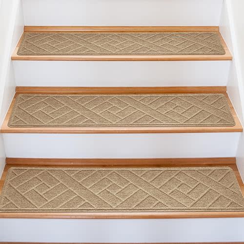 15 Pack 8 "X 30" Non-Slip Carpet Stair Treads for Indoor Wooden Steps, Made of Polyester and Reusable Adhesive, Suitable for Kids Elders and Pets（Beige Lines）