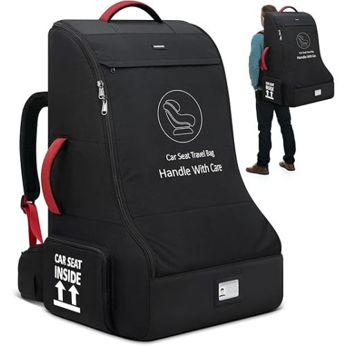 RAINSMORE Padded Car Seat Travel Bag for Airplane Heavy Duty Car Seat Backpack for Air Travel Baby Carseat Cover Bags for Airport Large Car Seats Carrier Fits Car Seats & Booster Seats, Black