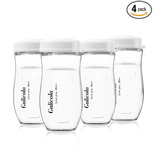 Gulicola Glass Baby Breastmilk Storage Bottles 8 oz, Wide Neck Breastmilk Collection Bottles, 4 Pack - White