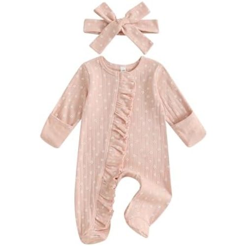 allshope Infant Baby Girl Fall Outfit Sweatshirt Romper Footies Floral Print Ruffle Trim Jumpsuit Newborn Winter Clothes