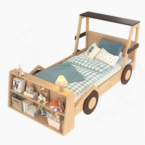 Latitude Run® Kinnelon Size Car Bed With Storage Shelves, Kids Platform Bed With Cute Car-Shape, Childlike Design, Brown & White | Wayfair