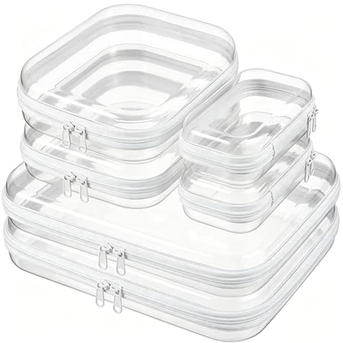 6 Pcs Clear Hard Shell Zipper Case – Clear Makeup Bag Set 2S/2M/2L, See-Through Hard Plastic Organizer Pouches with Double Zipper, Crush-Resistant Travel Toiletry Bag for Cosmetics,Toys