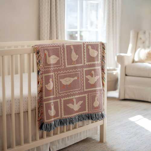 Goose Baby Blanket Pink Watercolor Goose Woven Blanket Baby Shower Gift Goose Nursery Decor Vintage Postage Stamp New Baby Mom Gift