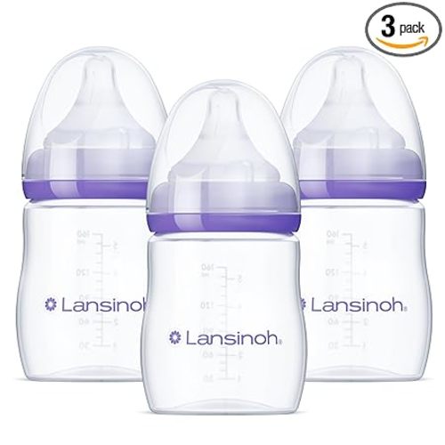 Lansinoh Anti-Colic Baby Bottles, BPA-Free Plastic, 5 Ounces, 3 Count, Slow Flow Nipples (Size S), Breastfeeding Bottle with NaturalWave Design, Baby Essentials