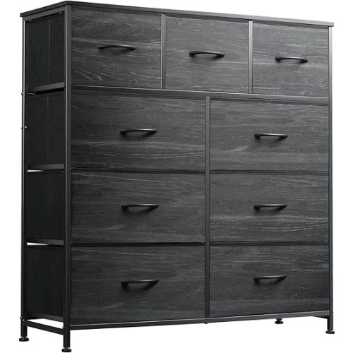WLIVE 9-Drawer Dresser for Bedroom, Fabric Storage Tower, Entryway, Closet, Tall Chest Organizer Unit with Fabric Bins, Steel Frame, Wood Top, Easy Pull Handle, Charcoal Black Wood Grain Print