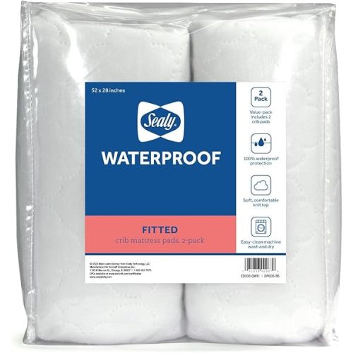 Sealy Baby 2-PACK Fitted Waterproof Infant Crib Mattress Protector Pad and Toddler Bed Cover, Durable and Comfortable Topper, Machine Washable and Dryer Friendly, 52x28”- White