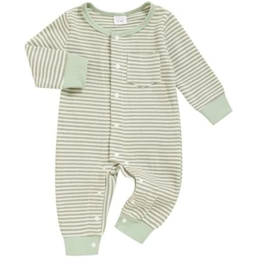 GRNSHTS Baby Boy Clothes Striped Waffle Baby Boy Fall Outfits Long Sleeve Newborn Boy Romper Infant Winter Bodysuit Jumpsuit