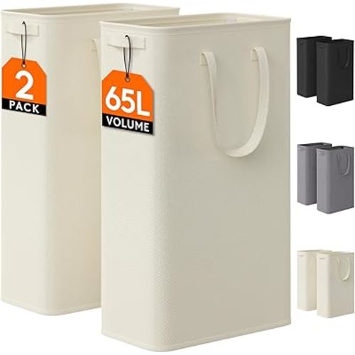 Lifewit 2 Pack Slim Laundry Hamper, Collapsible Narrow Laundry Basket, Small Tall Dirty Clothes Hampers with Handles for Bathroom Bedroom College Dorm, White, 65L