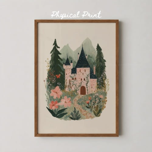Pink Castle Wall Art Print, Fairytale Castle Poster, Cottagecore Decor, Storybook Castle Art, Fantasy Wall Decor, Whimsical Girl Bedroom