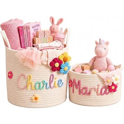 Personalized Baby Basket with Name, Custom Cotton Rope Nursery Storage Basket, Handmade Yarn Name Basket with Optional Crochet Icons, Baby Shower Basket Gift, Toy Organizer for Boys and Girls