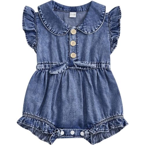 Summer Infant Girl Clothes Fly Sleeve Button Bodysuits Denim Onesie Baby Girl Jean One Piece Outfit