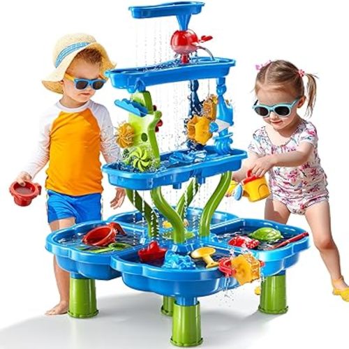 4 -Tier Kids Water Play Table for Kids Toddlers 3-5 4-8, Sand and Water Table with Rich Activity Set, Bluey Water and Sand Sensory Activity Play Table Summer Beach Outdoor Indoor Toys for 3 4 5 6 7 8