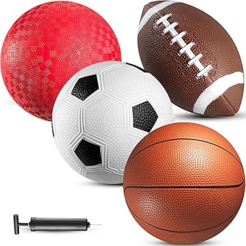 8.5” Sports Balls for Kids & Toddlers - (Pack of 4) Rubber Inflatable Multi-Sport Ball Set - Football, Soccer Ball, Basketball, Playground Ball & Pump - Birthday Gift Toys for Boys & Girls