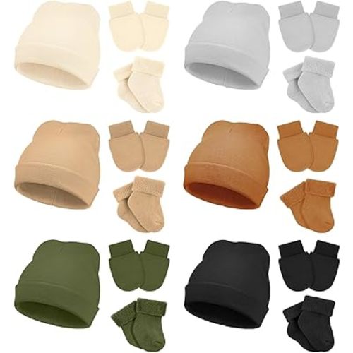 Toulite 6 Pack Preemie Newborn Hats Mittens and Socks Set Cotton Beanie Hats Socks and No Scratch Mittens