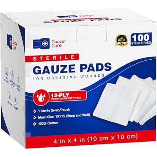 100pc Large Sterile Gauze Pads 4x4 Sterile for Wounds Bulk - 12ply Woven Gauze Sponges 4x4 Sterile - USP IV Breathable Mesh 4x4 Gauze Pads Sterile for Enhanced Absorption - First Aid Medical