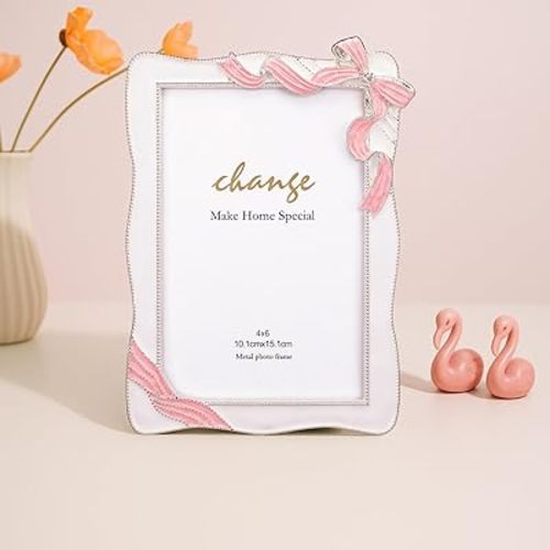 Qunclay Bow Picture Frames 4 x 6 Inch Coquette Bow Photo Frame Metal Ribbon Pink Design Cute Metal Display Pictures for Home Wedding Tabletop and Wall Hanging Decor Holiday Gift