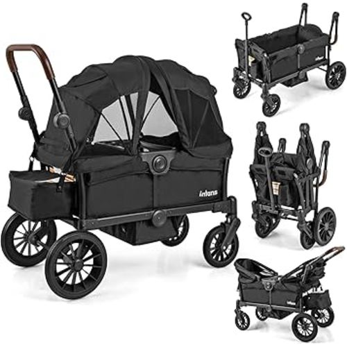 INFANS Wagon Stroller for 2 Kids, Collapsible Adjustable Push Pull Handle Bar, 2 Seater Stroller Wagon with Removable Canopy Snack Tray, Comfortable Drop-Down footwell and Upholstered Seats