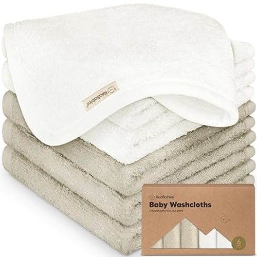 6-Pack Baby Washcloths - Soft Absorbent Viscose from Bamboo Wash Cloths for Babies, Kids, Toddlers, Infant, Newborn Bath Towels, Gentle on Sensitive Skin, 10x10 Reusable Face Towels (White/Stone)