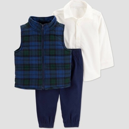 Carter's Just One You® Baby Boys' 3pc Holiday Plaid Vest Set - White/Green/Blue 9M
