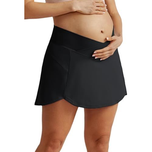Maacie Maternity Tennis Golf Skorts Built-in Short with Pockets Cross Waist Low-Rise