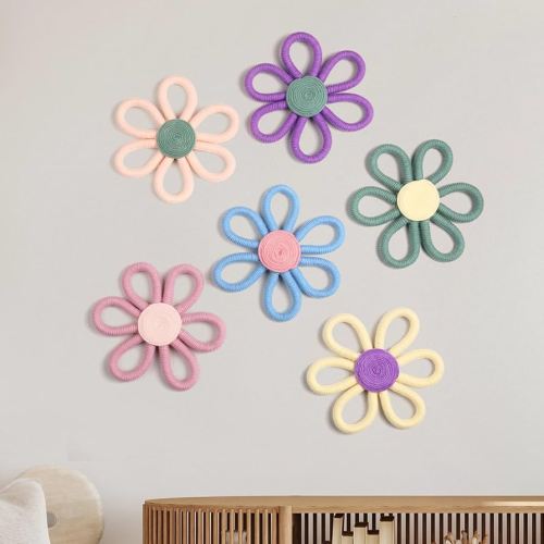 Ripeng 6 Pcs Boho Nursery Decor for Girl 6 inch Woven Daisy Flower Macrame Wall Hanging Bohemian Wall Decor Daisy Nursery for Baby Girls Kids Home Bedroom(Vivid Colors)