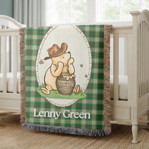 Vintage Winnie The Pooh Cowboy Blanket, Custom Baby Name Blanket, Western Nursery Throw, Personalized Western Baby Gift