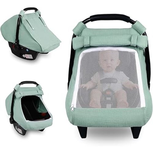 Car Seat Cover Baby, Summer Carseat Covers for Babies Girls Boys Breathable Muslin Cotton HNHUAMING Infant Car Seat Canopy with Large Mesh Window, Cozy & Windproof Newborn Stroller Cover, Green
