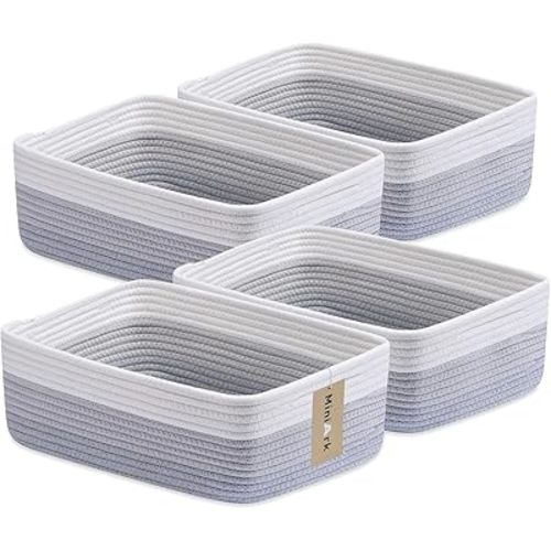 Large Shallow Organizing Baskets 15x11x5.1 Inches - Rope Woven Storage Bins for Bathroom, Shelves, Cube Closet, Gradient Grey 4 Packs