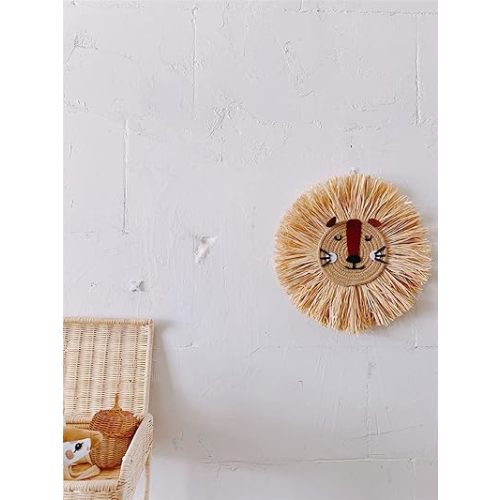 Charlbytion Wall Art Animal Head Hand Knitted Hanging,Cotton Thread Weaving Straw Cartoon Tassel Beard Lion Tiger Macrame Pendant Nursery Room Wall Decor for Home Decoration (16''*16'', F)