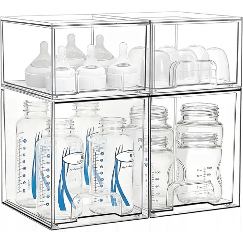 Baby Bottle Storage Organizer: Clear Stackable Storage Drawers, Acrylic Bottles Station Organizer Container for Countertop, Vanity, Bathroom, Cabinet Organization - 4 Pack