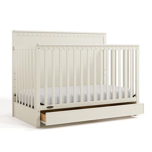 Graco Sasha 5-in-1 Convertible Crib with Drawer – GREENGUARD Gold Certified Wood Crib, Converts to Toddler Bed, Daybed, Full-Size Bed, Stylish Classic Design (Frosted Oat)