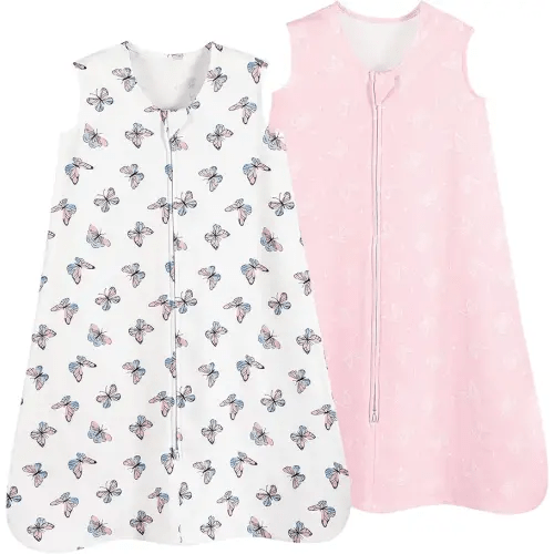 david's kids 100% Cotton Baby Sleep Sack 6-12 Months, Soft Baby Wearable Blankets with 2-Way Zipper, 2 Pack Comfy Sleeping Bags for Infant Newborn Boys Girls Neutral, Medium Size, Butterfly