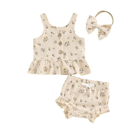 Kayotuas Infant Baby Girl Summer Clothes Floral Halter Sleeveless Tank Top Ruffle Shorts Cute Bow Headband 3 Piece Outfit Set