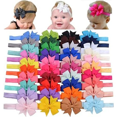 jollybows 40pcs Baby Girls Grosgrain Ribbon Hair Bows Headbands 3" Hair Band Hair Accessories for Infants Newborn Toddler