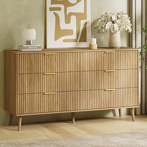LYNSOM 6 Drawers Fluted Dresser for Bedroom, 55" Wide Modern Chest of Drawers with Metal Handle and Curved Profile Design, Dresser TV Stand, Wood Drawer Organizer for Living Room, Hallway, Natural Oak