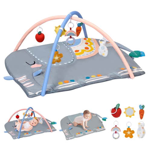 Baby Play Gym & Activity Mat, Oversize Elephant Baby Play Mat w 6 Detachable Toys, Tummy Time Mat Promote Motor Skills & Sensory Development Mat, Newborn Infant Baby Essentials Gift