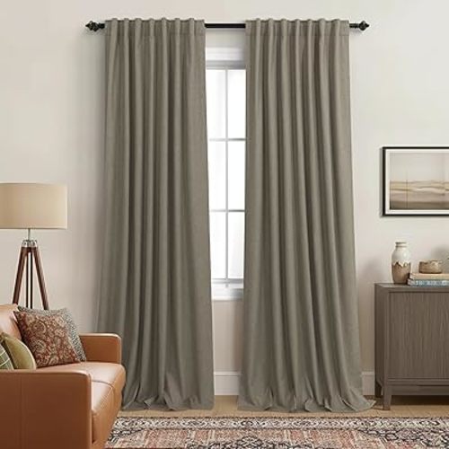 KOUFALL Soundproof Blackout Curtains 90 Inch Long Linen Black Out Noise Reducing Curtains for Bedroom Living Room 52x90 in Length 2 Panels Set,Light Brown Dark Taupe