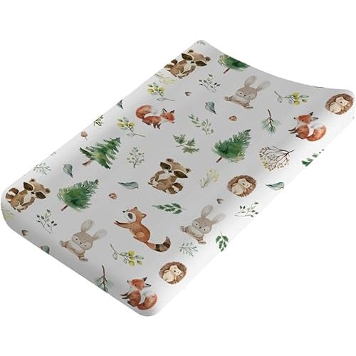 Watercolor Animals Baby Changing Pad Covers for Boy Girl 32''x16'' Raccoon Hedgehog Squirrel Fox Bunny Bird Forest Fitted Diaper Change Table Sheets Soft Nursery Baby Changing Table Mats