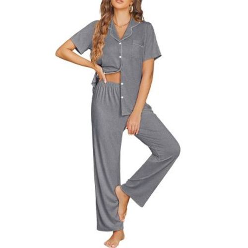 Ekouaer Womens Pajama Sets Button Down Pjs 2 Piece Short Sleeve Sleepwear with Pants Soft Loungewear Grey M