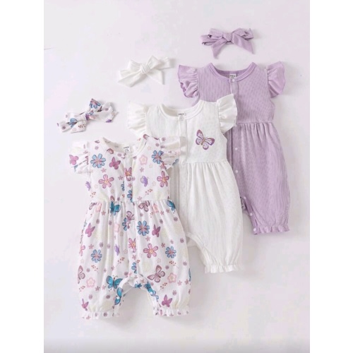 SHEIN Playful Pals 3pcs/Set Baby Girls' Casual Butterfly Print Romper With Headband | SHEIN USA