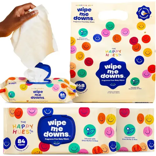 The Happy Hues Wipe Me Downs Baby Wipes–Ultra-Soft,Hypoallergenic,Unscented Water Wipes with Shea Butter & Aloe–Gentle Wet Wipes for Sensitive Skin, Nourishing Baby-84 Flushable Wipes (Pack of 2)
