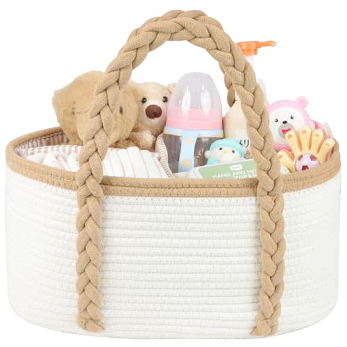 Baby Diaper Caddy, Portable Diaper Organizer for Changing Table, Car Travel Baby Shower Gifts Newborn Essentials, Cotton Rope Nursery Storage Basket for Boys Girls (White＆Khaki)