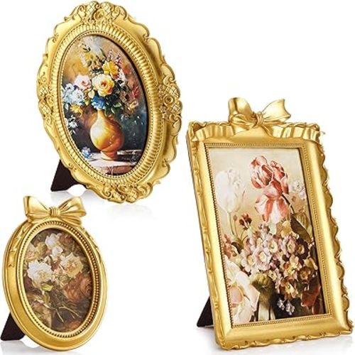 Vicenpal 3 Pcs Tiny Picture Ornate Frames Small Vintage Oval Picture Frames Gold Vintage Baroque Ornate Antique Resin Frame Table Top Display Frame for Home Wedding Decor(3 Sizes,Gold)