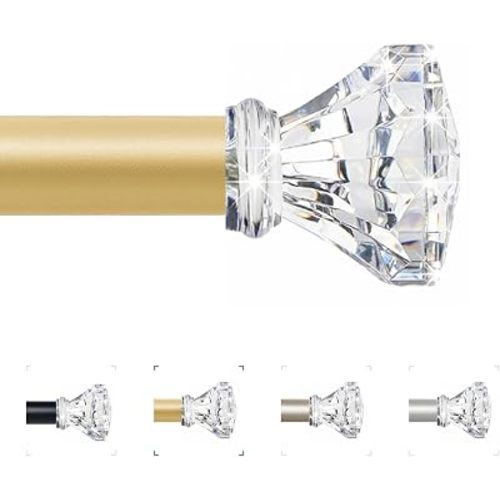 TVWOO Gold Decorative Crystal Curtain Rods 18 to 45 Inch:Heavy Duty Adjustable Window Curtains Rods for Living Room Bedroom,Brass Gold Modern Girly Acrylic Drapery Rod with Clear Bling Diamond Finial