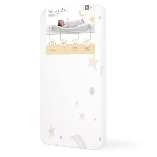 Dream On Me Moonlight Bright Mini/Portable Crib Mattress in White/Blue (Stars, moon, planets)